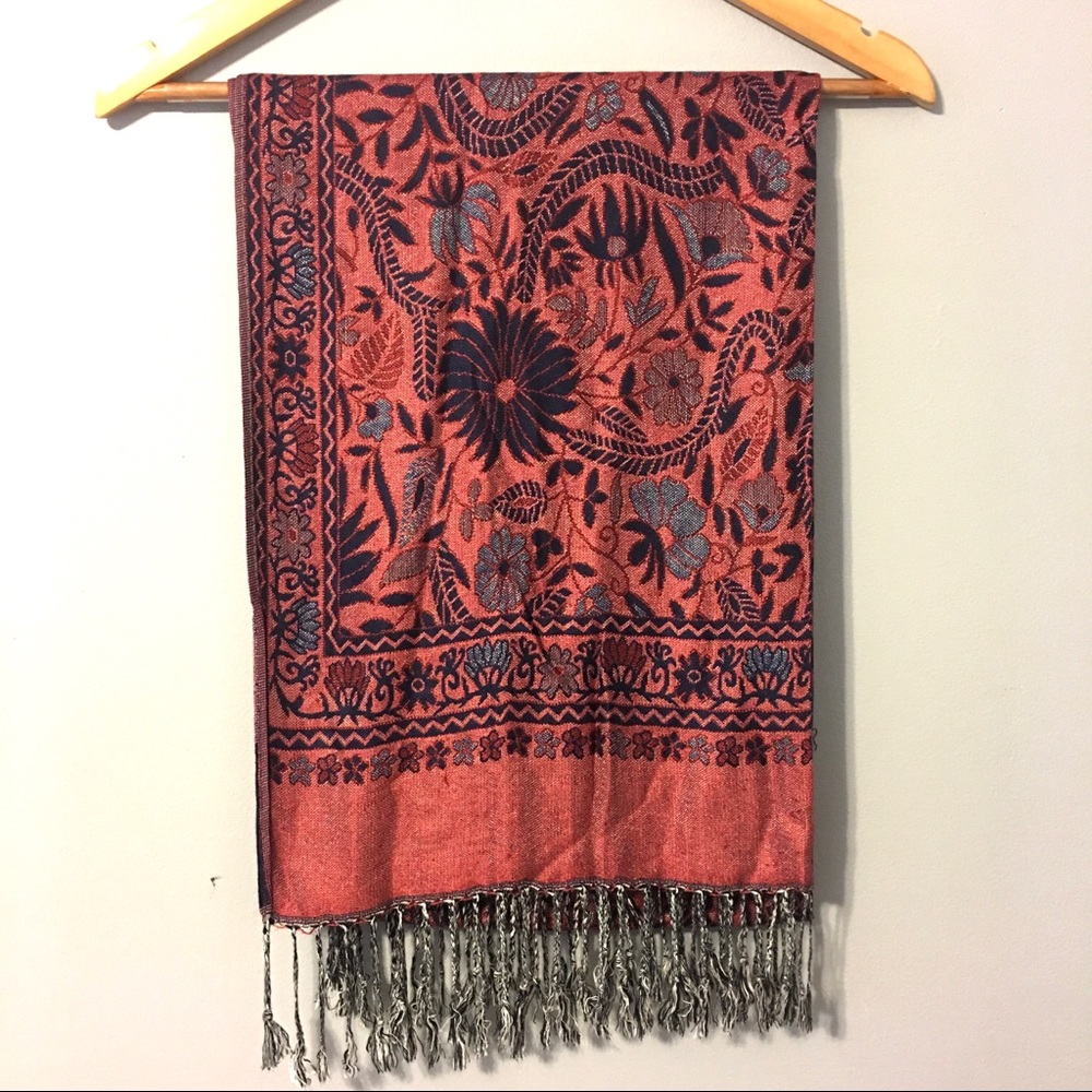 PASHMINA Scarf Wrap Floral Fringe Pinkish Red Black Gray LIKE NEW!
